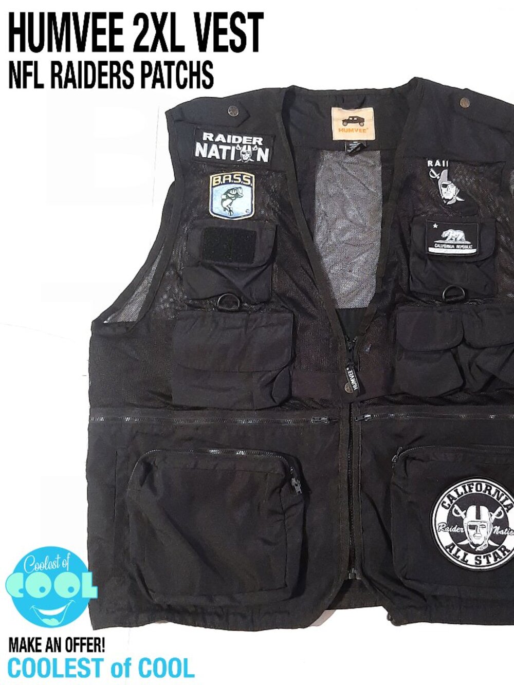 Humvee black tactical vest 2XL custom NFL Raiders patches 14 Pocket fishing hunt